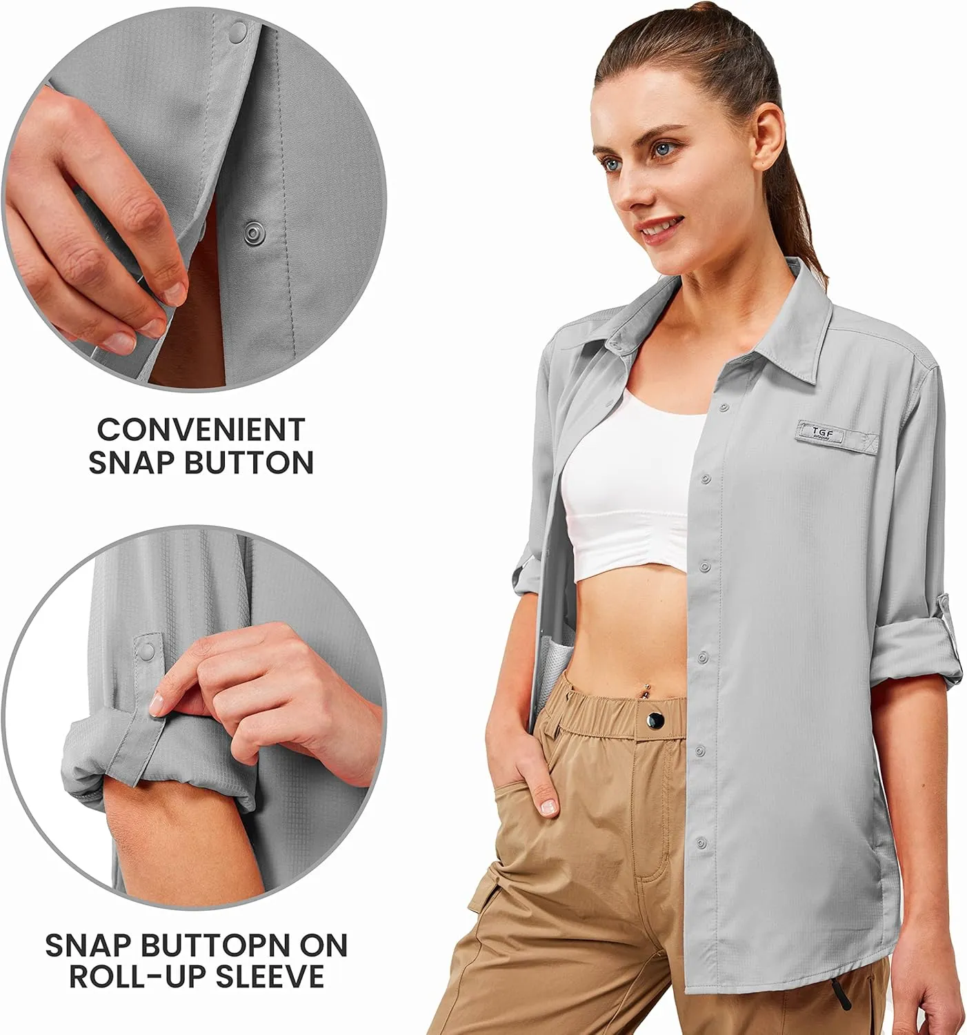 TGF Women's Sun Protection Fishing Shirts Long Sleeve Button Up Shirt with Zipper Pockets for Traveling Hiking Camping