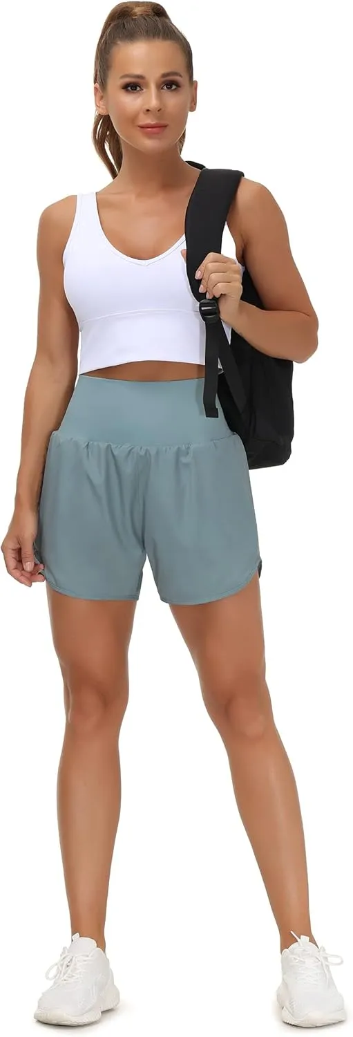 THE GYM PEOPLE Womens High Waist Running Shorts with Liner Athletic Hiking Workout Shorts Zip Pockets