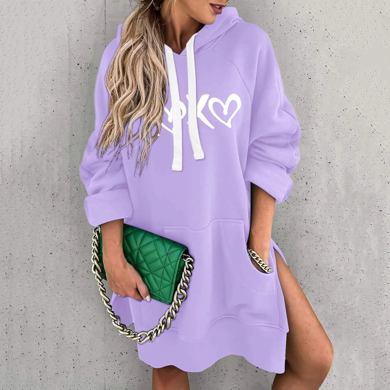 The Warmy Oversized Hoodie Dress,Valentine's Day Dress for Women with Pocket Funny Heart Print Split Hem Hoodies