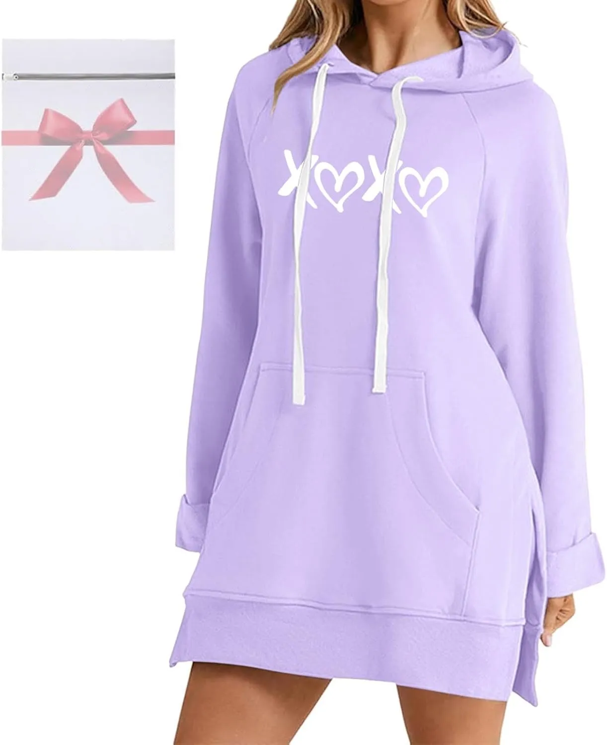 The Warmy Oversized Hoodie Dress,Valentine's Day Dress for Women with Pocket Funny Heart Print Split Hem Hoodies
