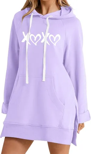 The Warmy Oversized Hoodie Dress,Valentine's Day Dress for Women with Pocket Funny Heart Print Split Hem Hoodies