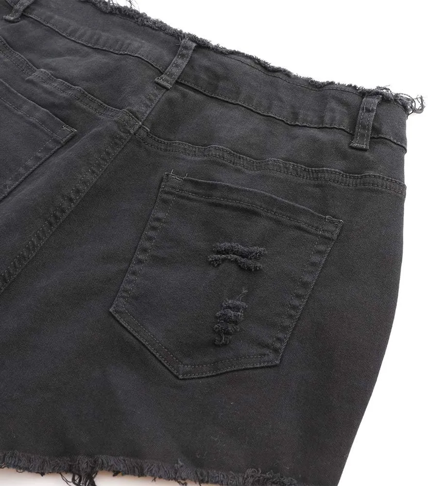 THUNDER STAR Ripped Jean Shorts for Women Mid Rise Frayed Raw Hem Stretchy Denim Shorts
