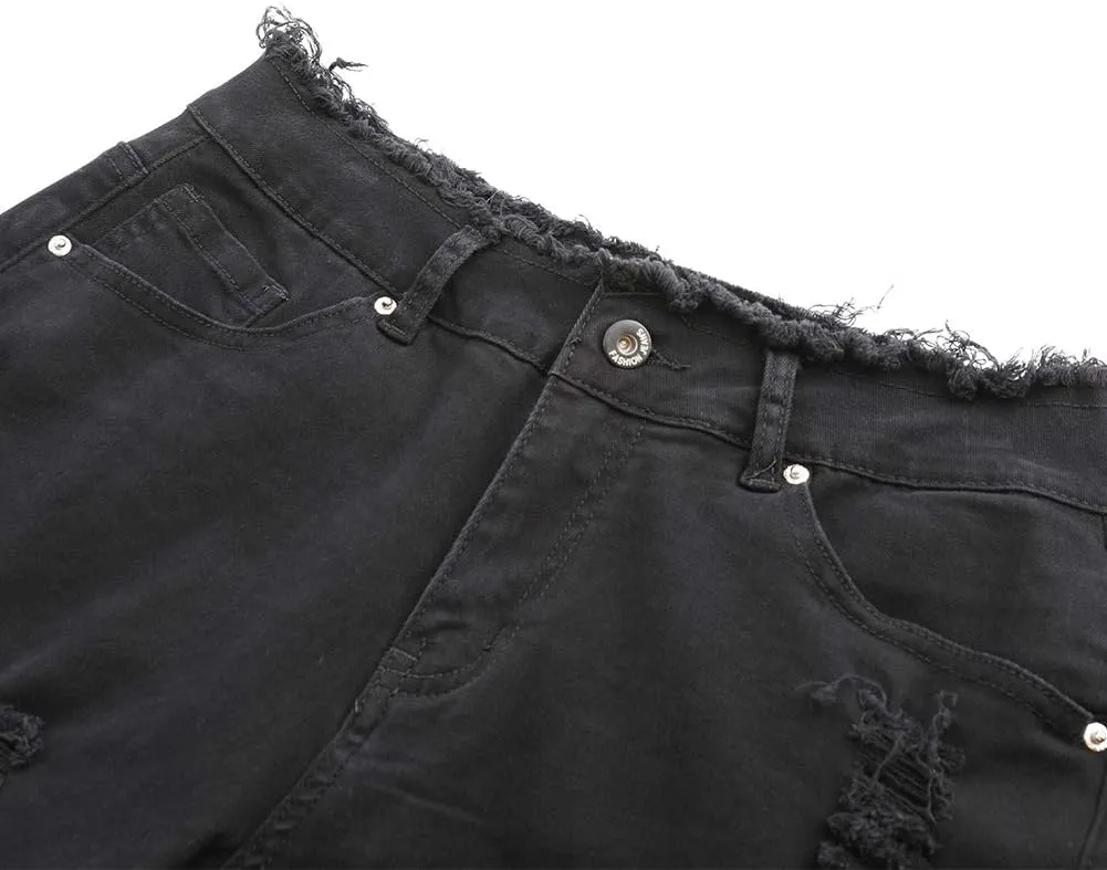THUNDER STAR Ripped Jean Shorts for Women Mid Rise Frayed Raw Hem Stretchy Denim Shorts