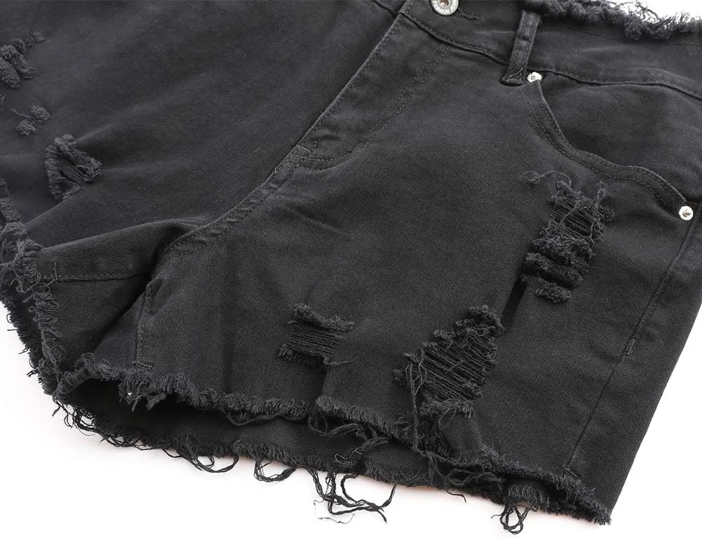 THUNDER STAR Ripped Jean Shorts for Women Mid Rise Frayed Raw Hem Stretchy Denim Shorts