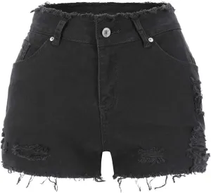 THUNDER STAR Ripped Jean Shorts for Women Mid Rise Frayed Raw Hem Stretchy Denim Shorts
