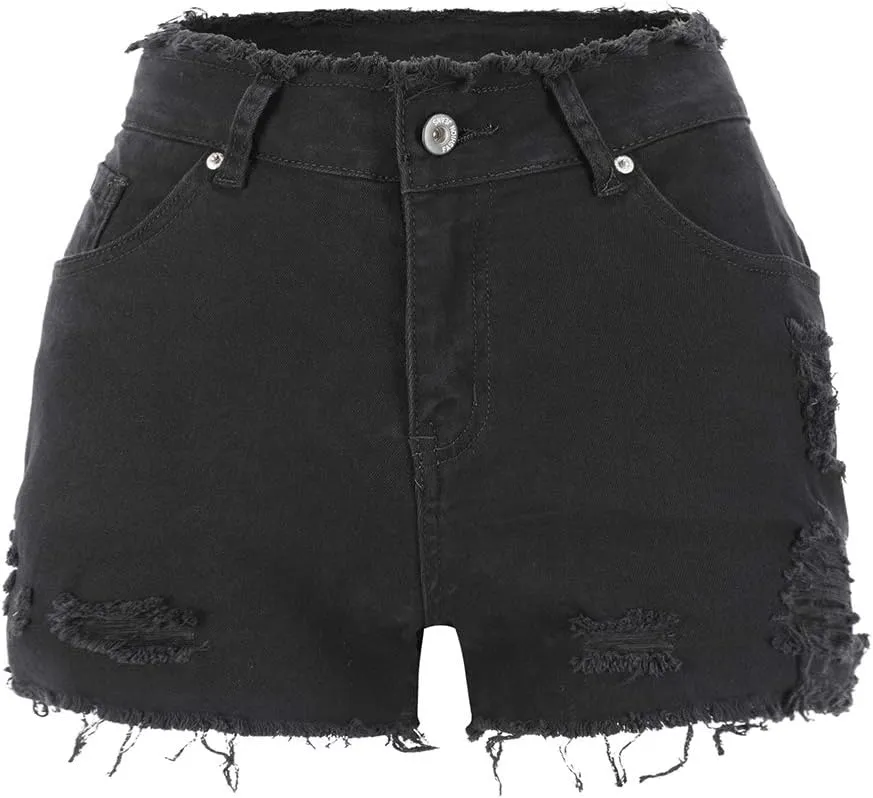 THUNDER STAR Ripped Jean Shorts for Women Mid Rise Frayed Raw Hem Stretchy Denim Shorts