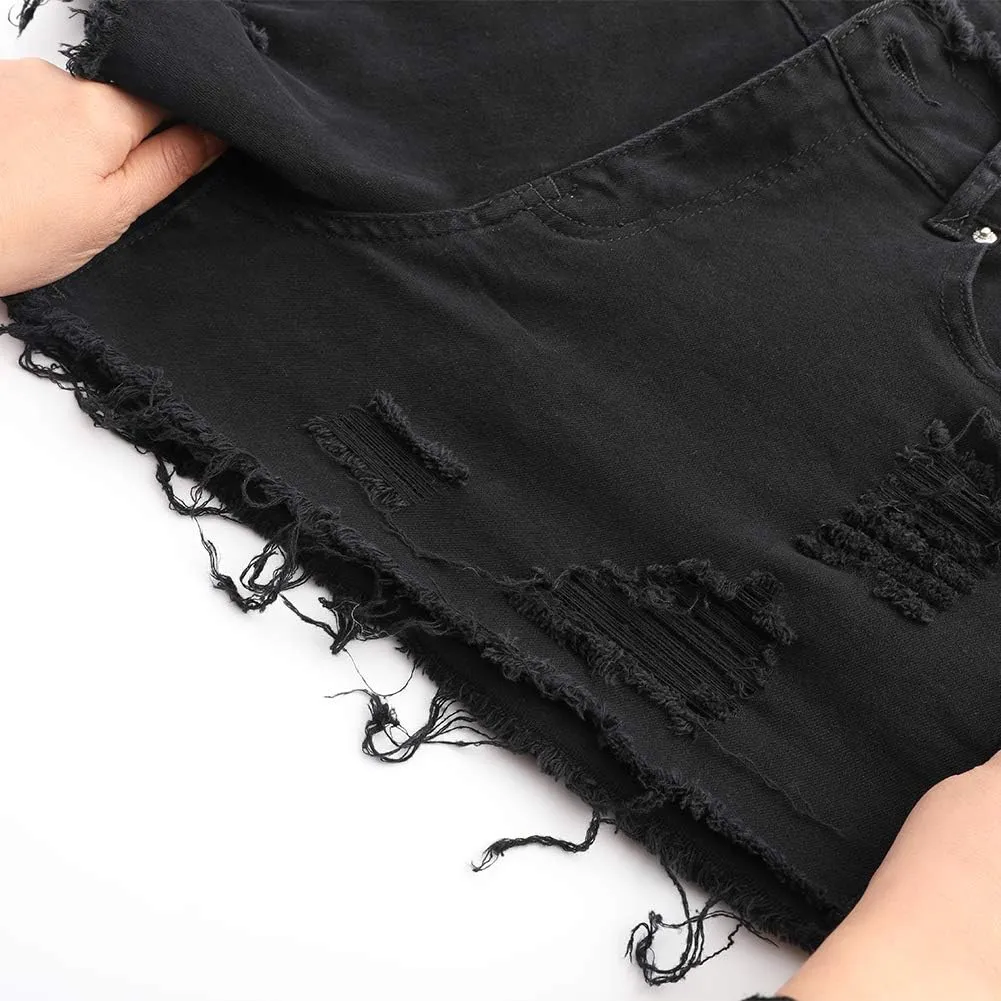 THUNDER STAR Ripped Jean Shorts for Women Mid Rise Frayed Raw Hem Stretchy Denim Shorts