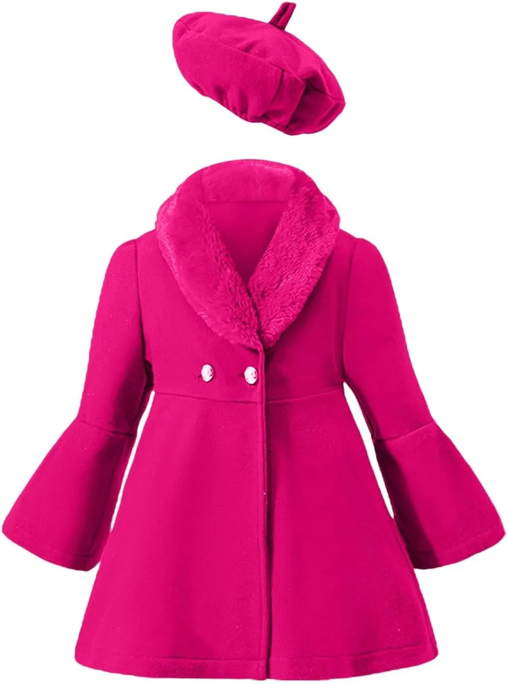 Toddler Girls Dress Coat Lapel Wool Blend Long Winter Button Trench Jackets with Pockets Hat Set (Hot Pink, 5-6 Years)
