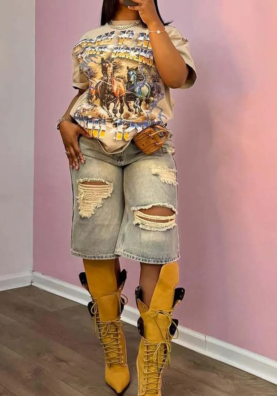 Unybwonn Women Ripped Denim Shorts Wide Leg Distressed Bermuda Cargo Jean Shorts Knee Length Destroyed Cut Off Long Jorts