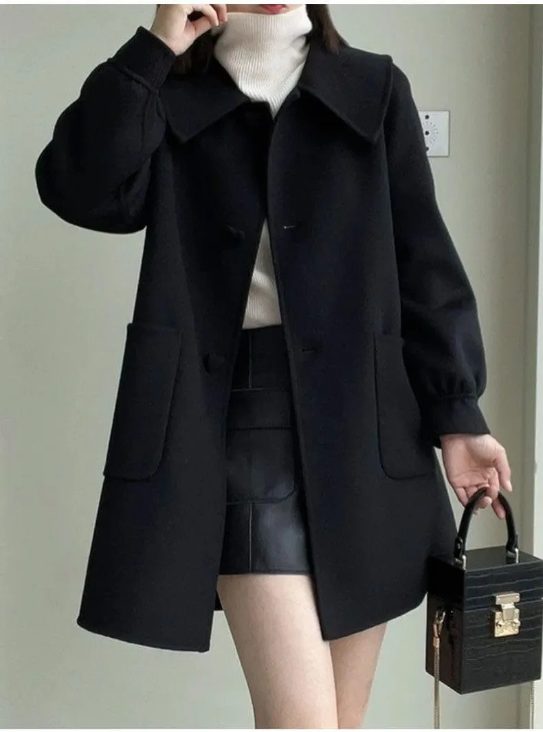utcoco Women Heart Buttons Wool Coats Lapel Collar Mid Long Pea Coat Single Breasted Trench Coat with Pockets