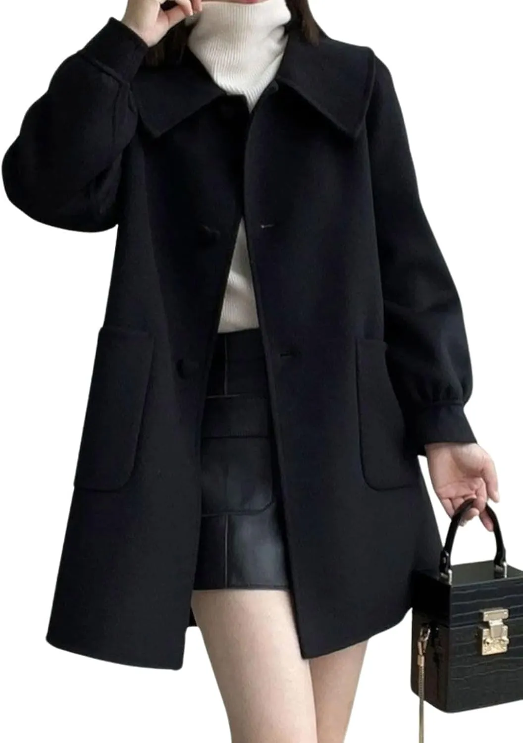 utcoco Women Heart Buttons Wool Coats Lapel Collar Mid Long Pea Coat Single Breasted Trench Coat with Pockets