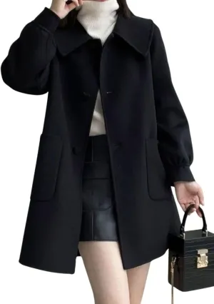 utcoco Women Heart Buttons Wool Coats Lapel Collar Mid Long Pea Coat Single Breasted Trench Coat with Pockets