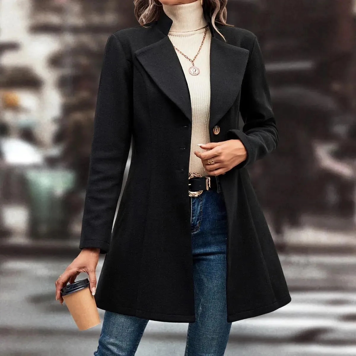 utcoco Women Slim Fit Wool Coats Notched Lapel Single Breasted Pea Coat Midi Length Trench Coat Outwear