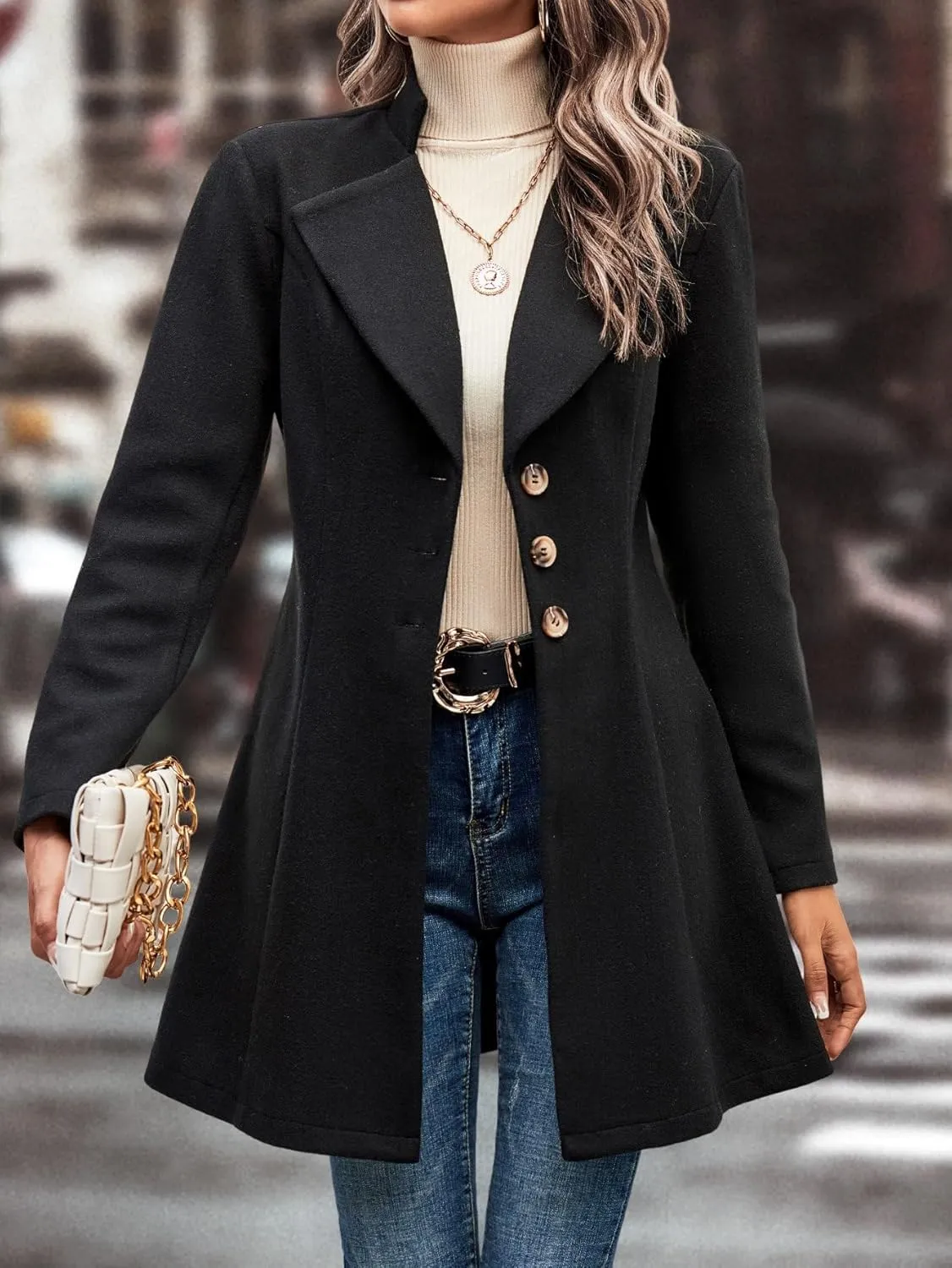 utcoco Women Slim Fit Wool Coats Notched Lapel Single Breasted Pea Coat Midi Length Trench Coat Outwear