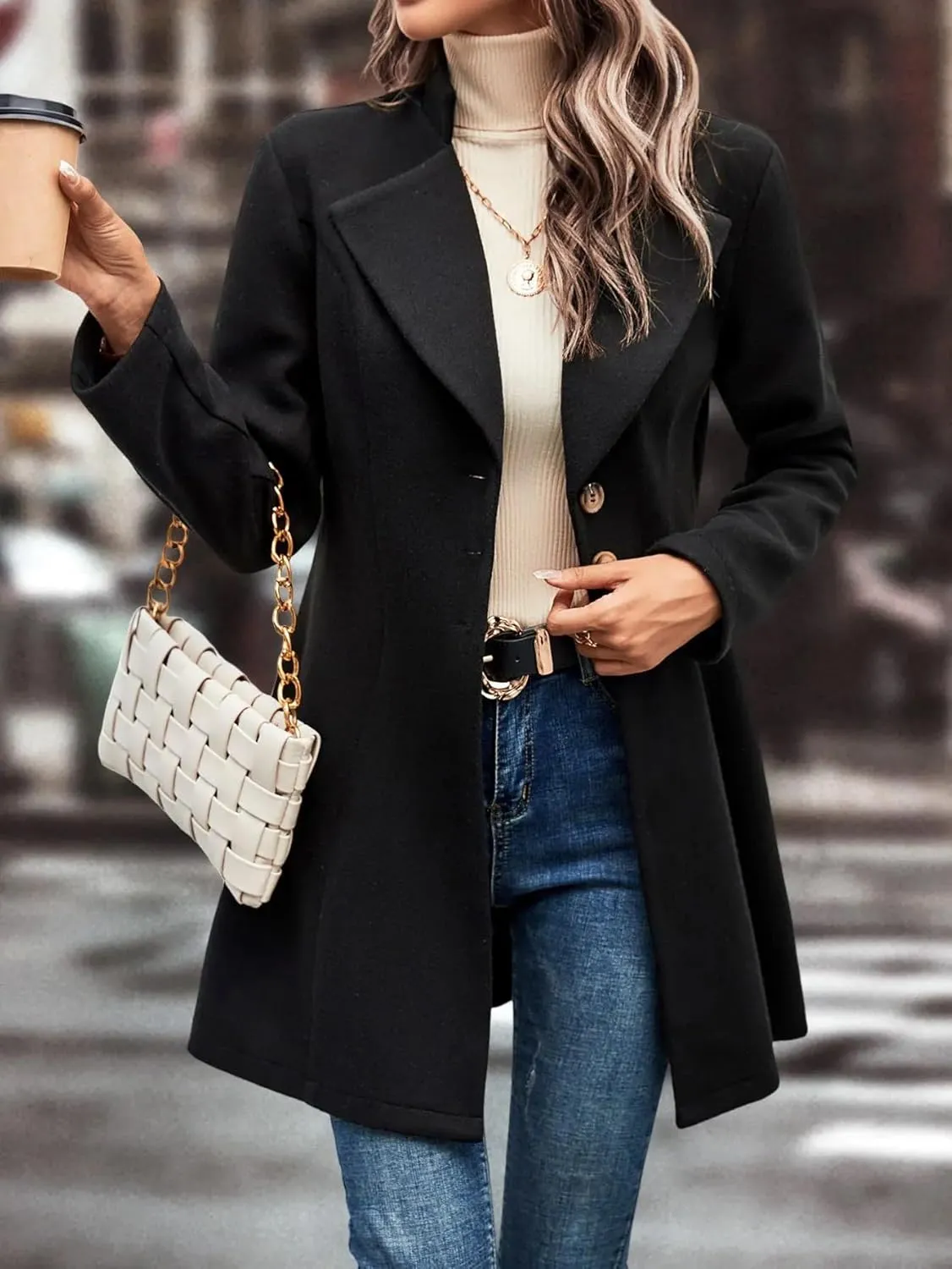 utcoco Women Slim Fit Wool Coats Notched Lapel Single Breasted Pea Coat Midi Length Trench Coat Outwear