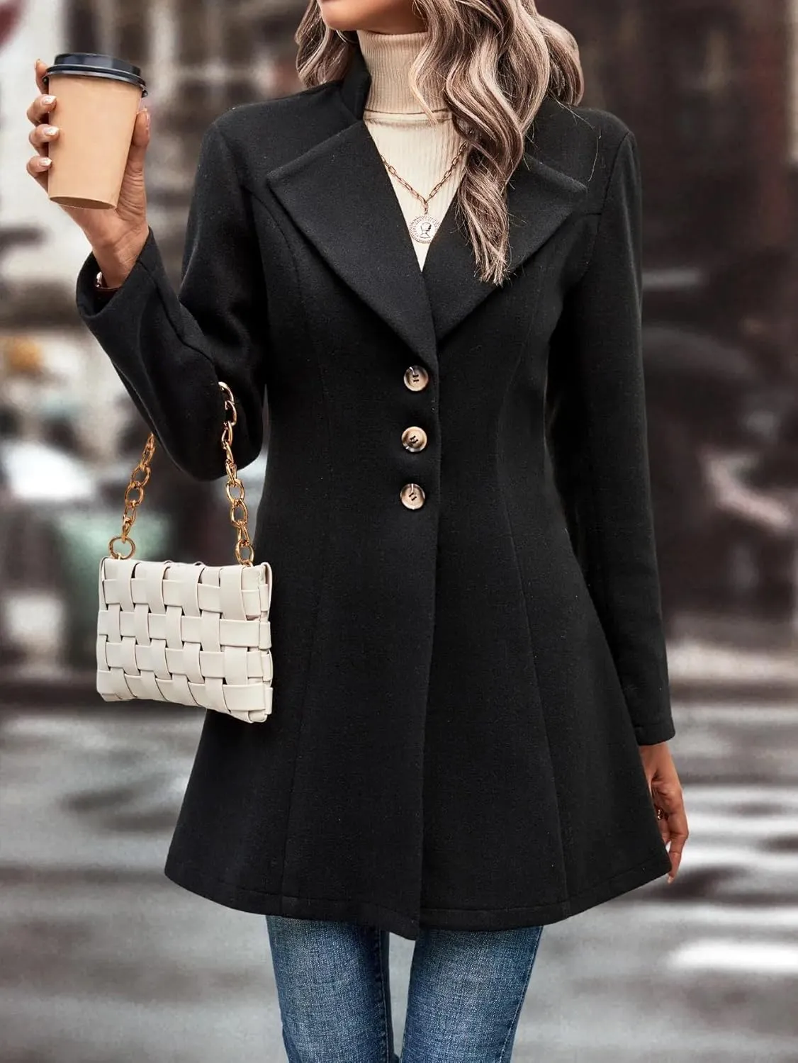 utcoco Women Slim Fit Wool Coats Notched Lapel Single Breasted Pea Coat Midi Length Trench Coat Outwear