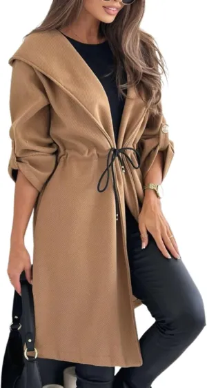 utcoco Women Tie Waist Hooded Trench Coat Rolled Up Long Sleeve Mid Long Pea Coat Woolen Overcoat