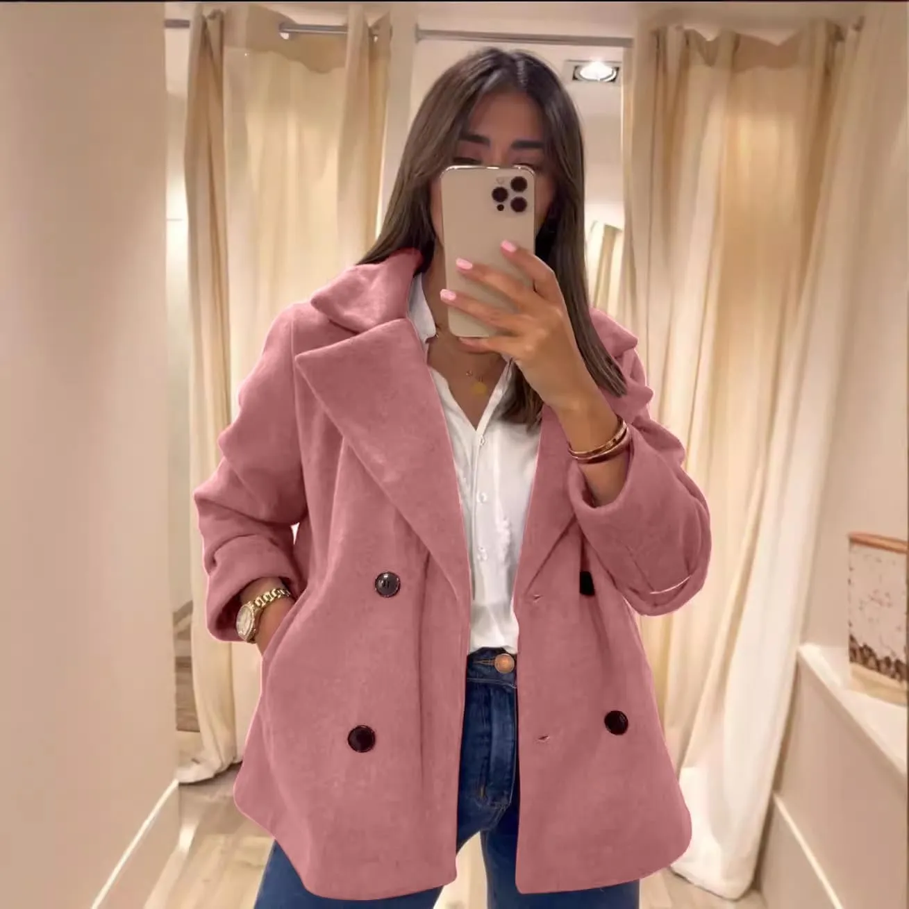 utcoco Women's 2024 Winter Woolen Coats Casual Notched Lapel Double Breasted Trench Coat Peacoat with Pockets