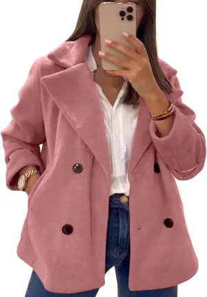 utcoco Women's 2024 Winter Woolen Coats Casual Notched Lapel Double Breasted Trench Coat Peacoat with Pockets