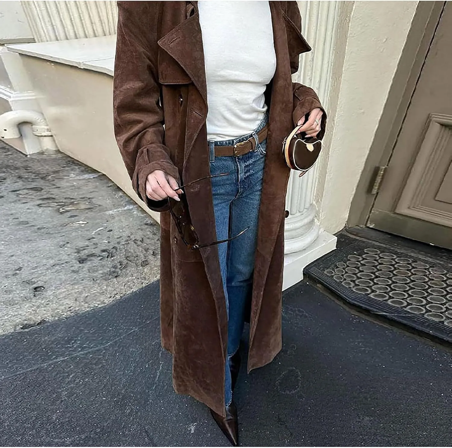 utcoco Womens Faux Suede Long Trench Coat Notched Lapel Double Breasted Pea Coat Overcoat with Belt