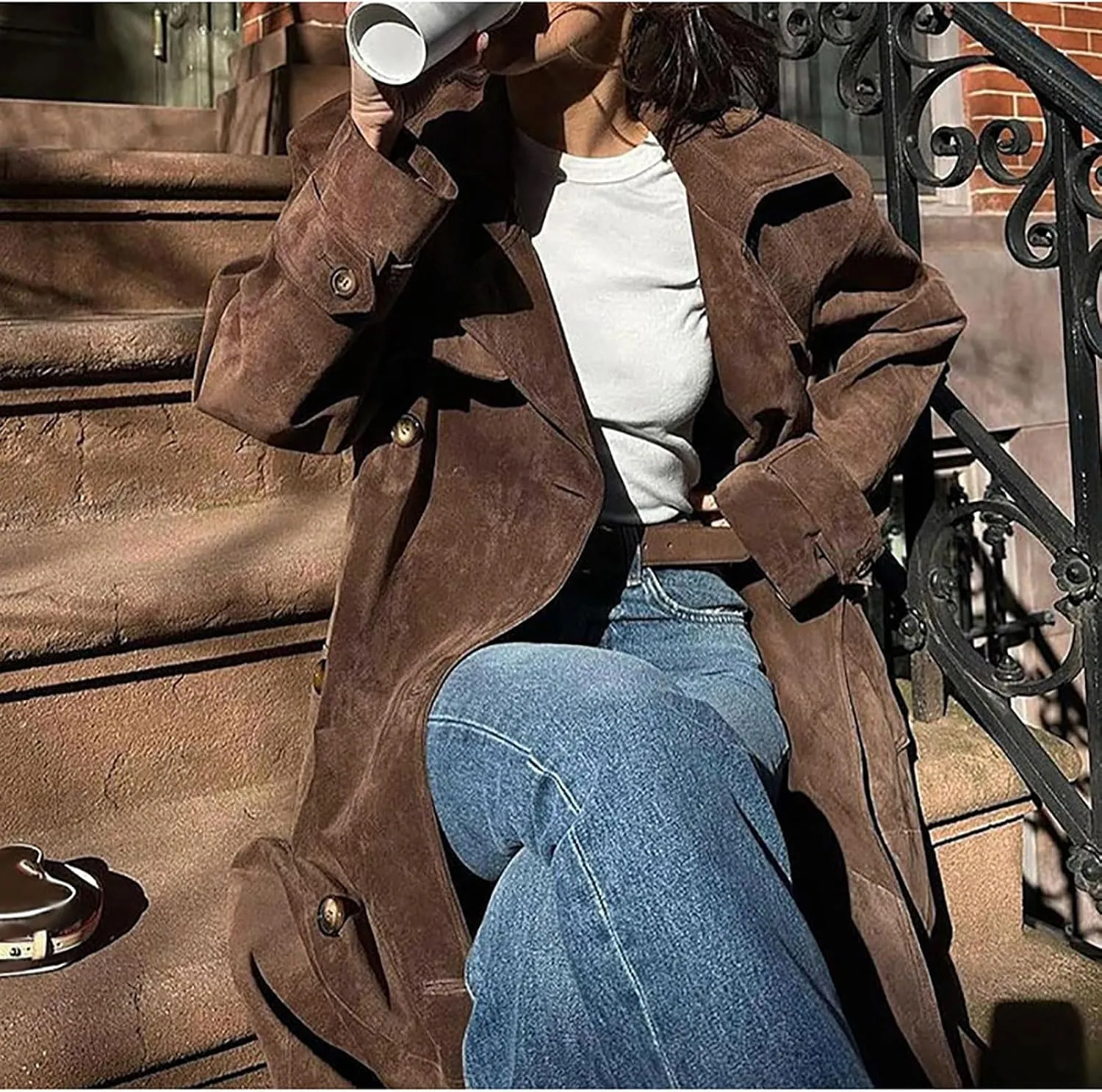 utcoco Womens Faux Suede Long Trench Coat Notched Lapel Double Breasted Pea Coat Overcoat with Belt