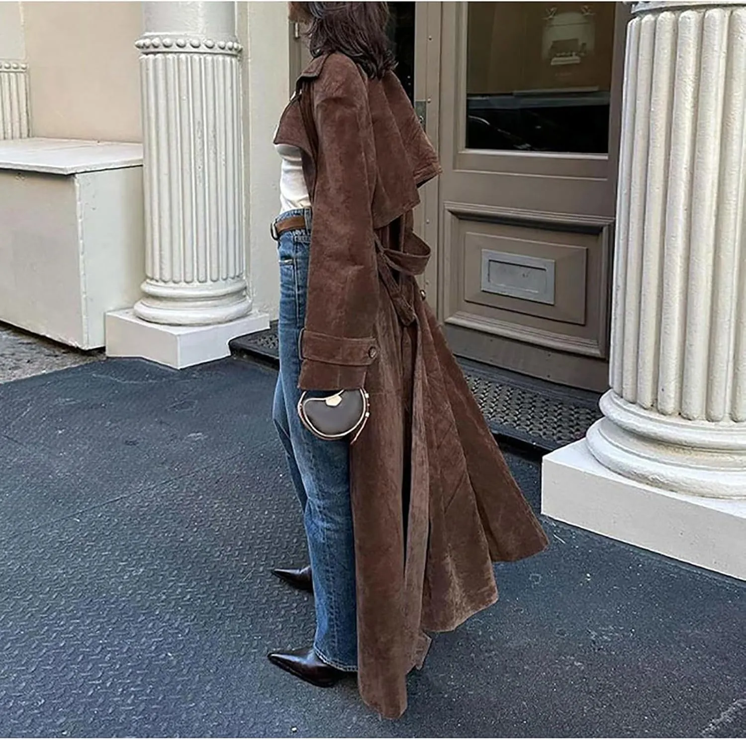 utcoco Womens Faux Suede Long Trench Coat Notched Lapel Double Breasted Pea Coat Overcoat with Belt