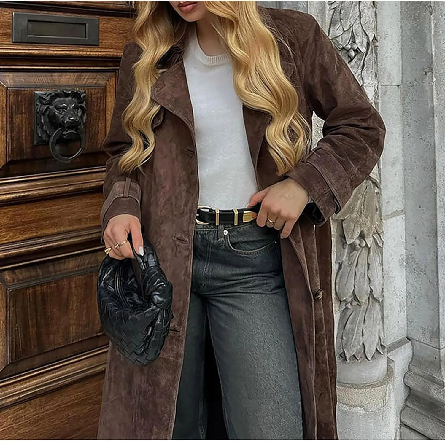utcoco Womens Faux Suede Long Trench Coat Notched Lapel Double Breasted Pea Coat Overcoat with Belt