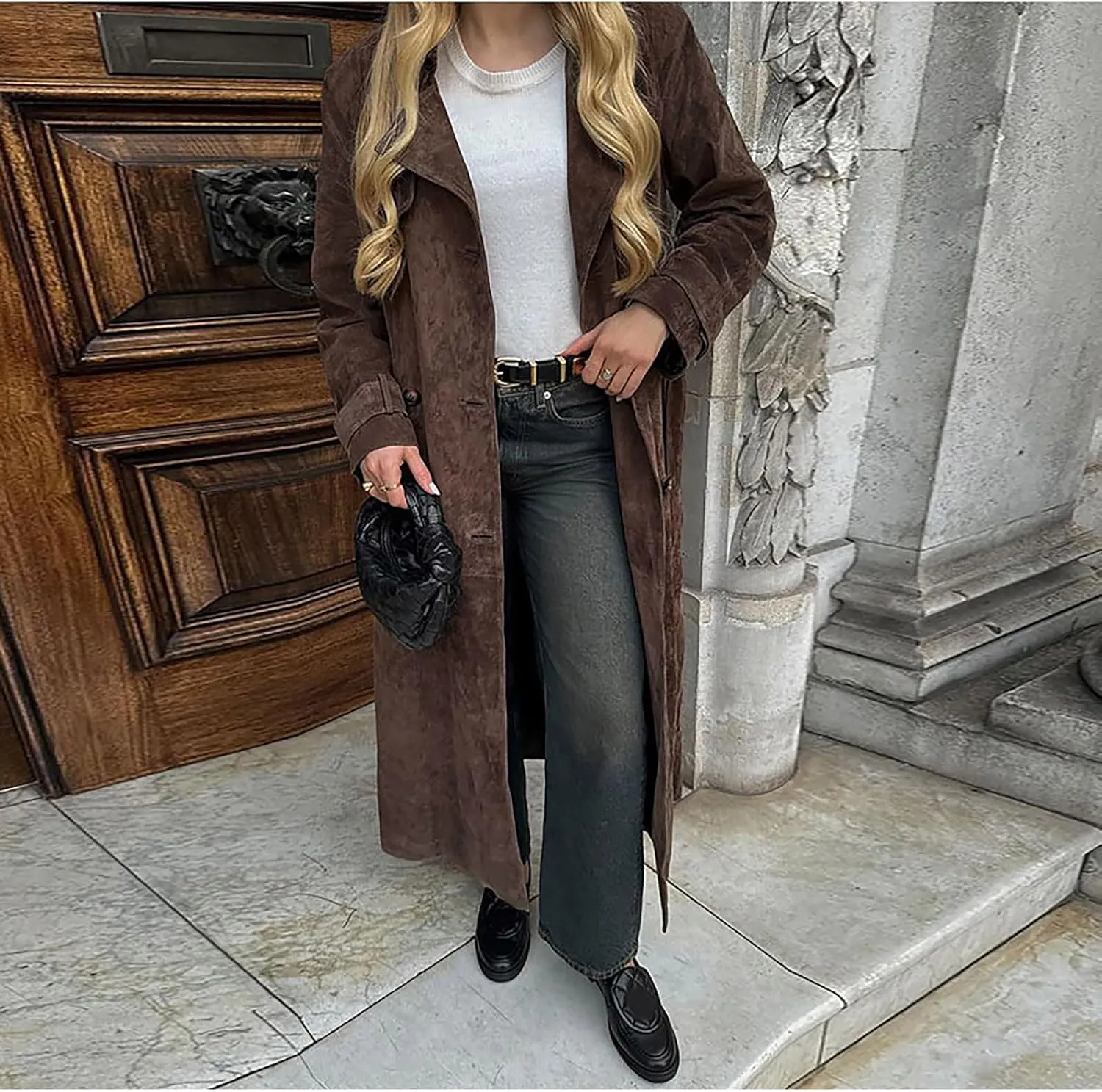 utcoco Womens Faux Suede Long Trench Coat Notched Lapel Double Breasted Pea Coat Overcoat with Belt