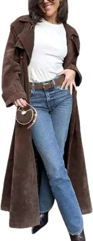 utcoco Womens Faux Suede Long Trench Coat Notched Lapel Double Breasted Pea Coat Overcoat with Belt
