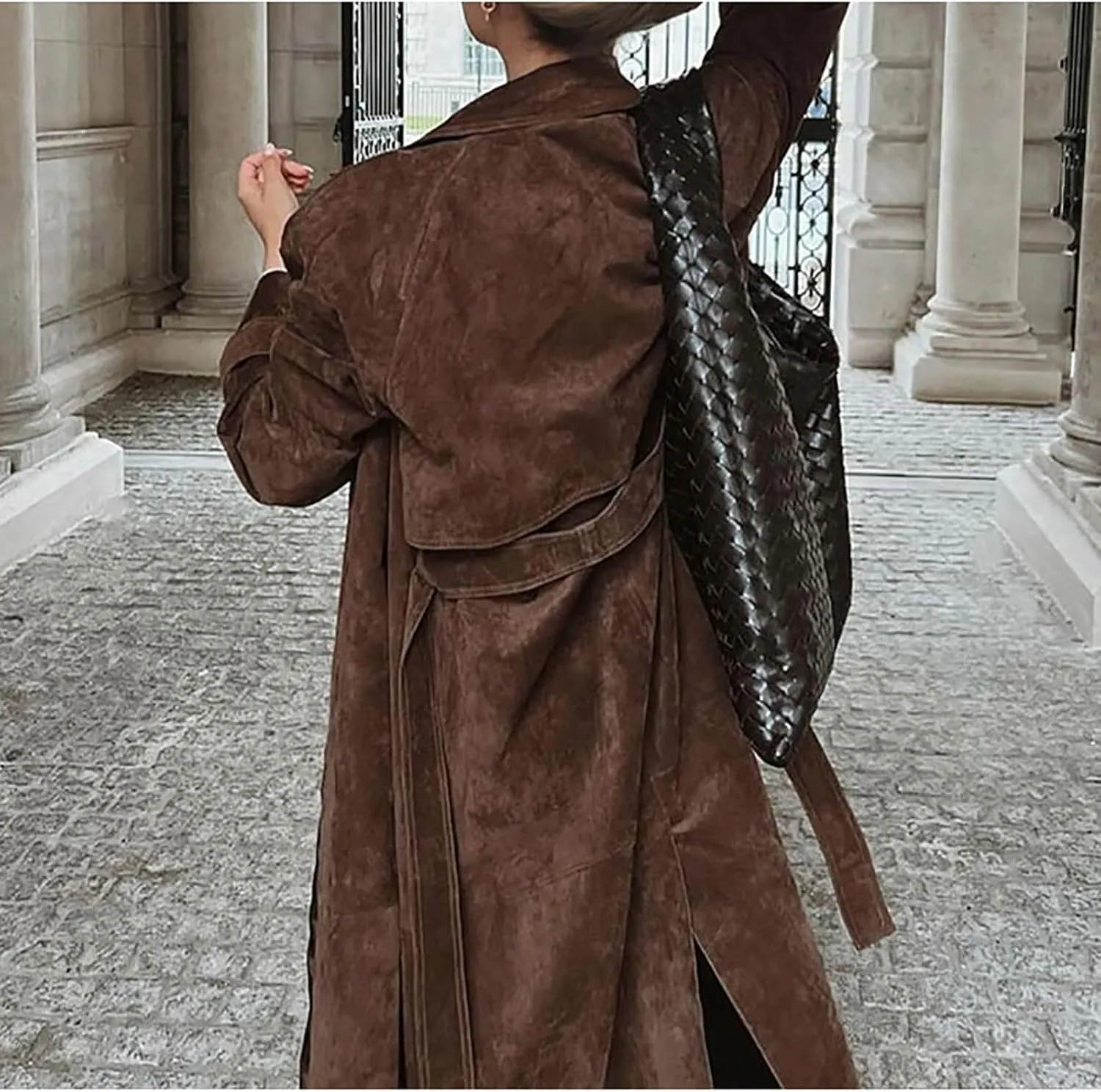 utcoco Womens Faux Suede Long Trench Coat Notched Lapel Double Breasted Pea Coat Overcoat with Belt