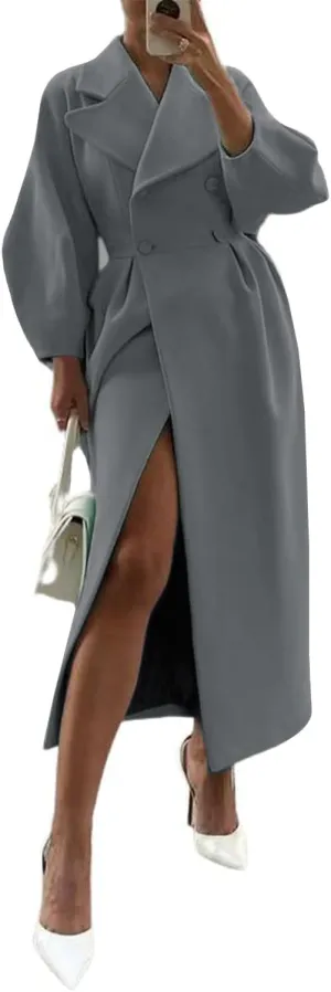 utcoco Womens Notched Lapel Double Breasted Pea Coat Winter Warm Wool Blend Overcoat Long Trench Coat