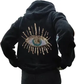 Vhitler Sequin Evil Eye Hoodies Y2k Oversized Graphic Cute Hoodies Womens Sweatshirts Trendy Mama Sweatshirts Hooded