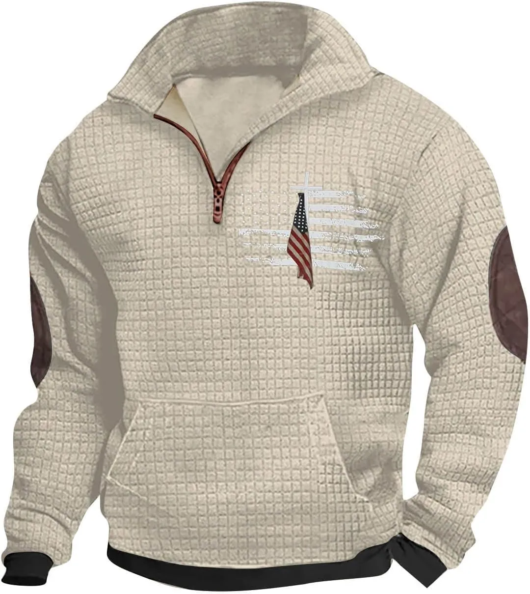 Waffle Knit Sweatshirts for Men Lightweight Long Sleeve Quarter Zip Pullover Shirts Regular Fit Solid Fall Shirt