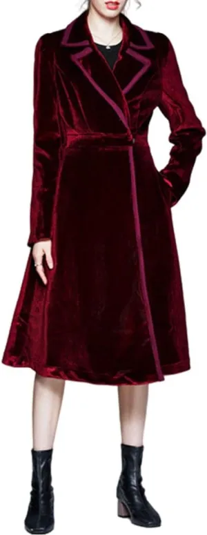 watersouprty Women's Slim Wool Blend Coat Lapel Long Sleeve Vintage Velvet Trench Coat Dress Pea Coat