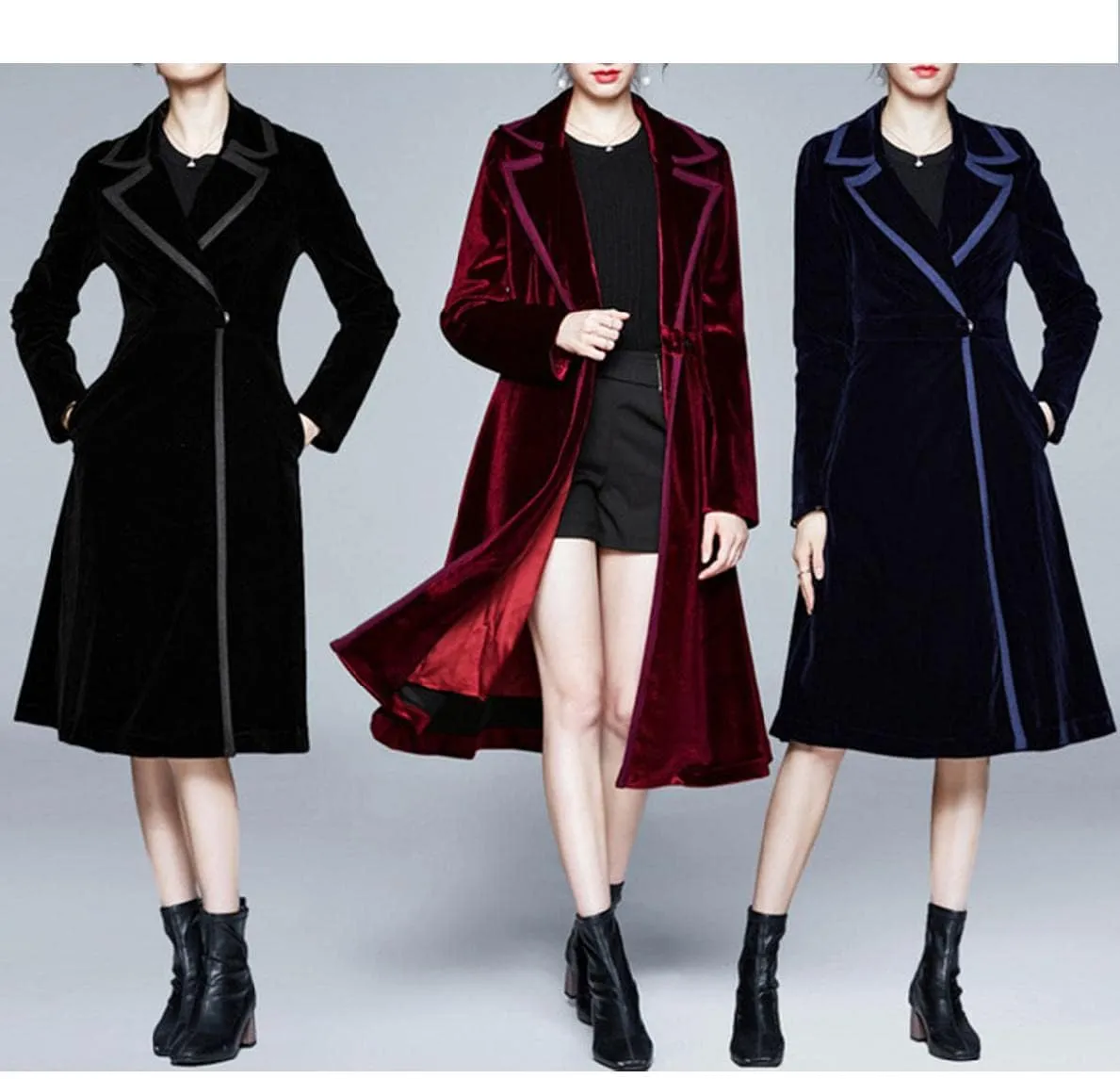 watersouprty Women's Slim Wool Blend Coat Lapel Long Sleeve Vintage Velvet Trench Coat Dress Pea Coat