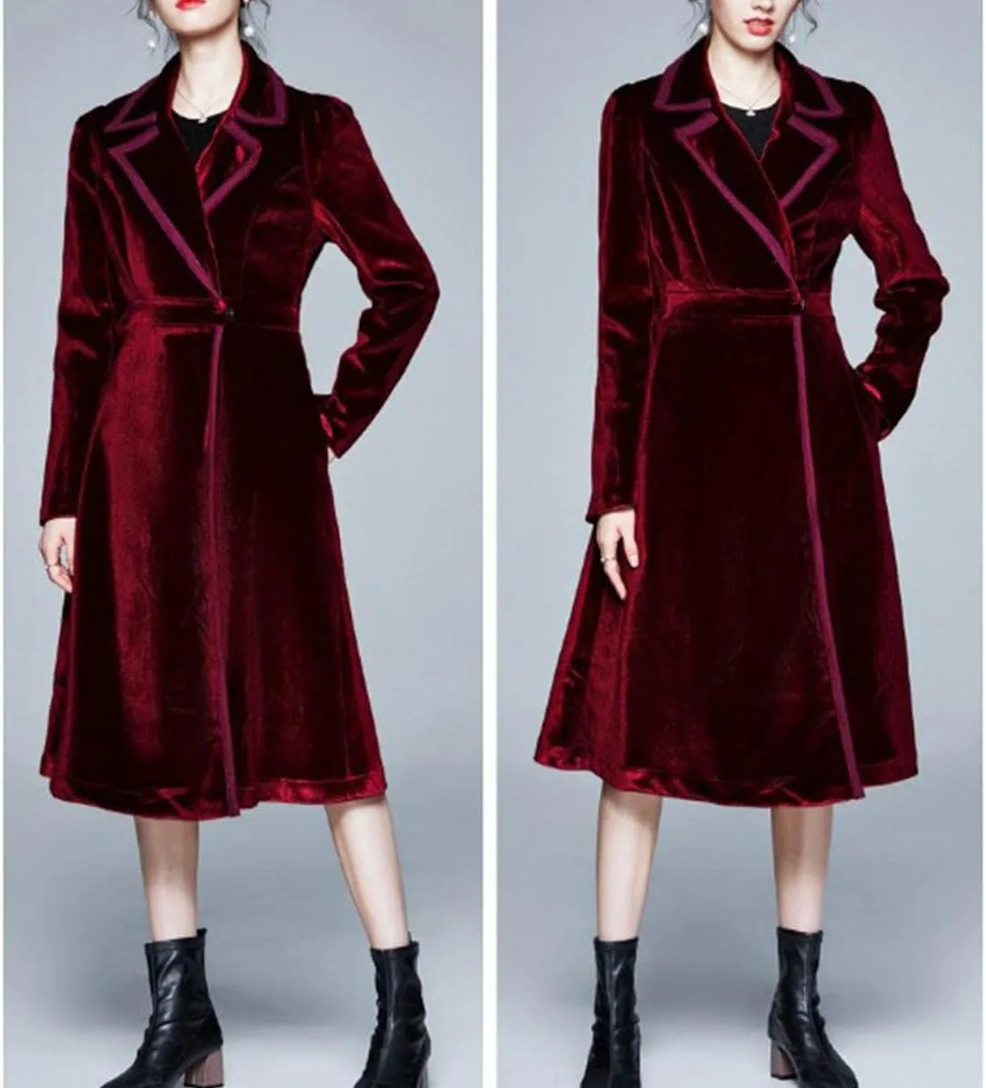 watersouprty Women's Slim Wool Blend Coat Lapel Long Sleeve Vintage Velvet Trench Coat Dress Pea Coat