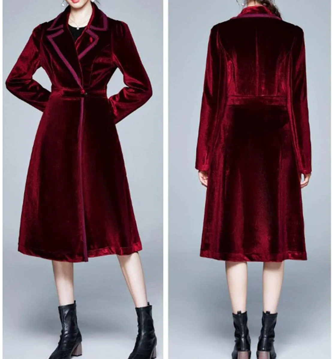 watersouprty Women's Slim Wool Blend Coat Lapel Long Sleeve Vintage Velvet Trench Coat Dress Pea Coat