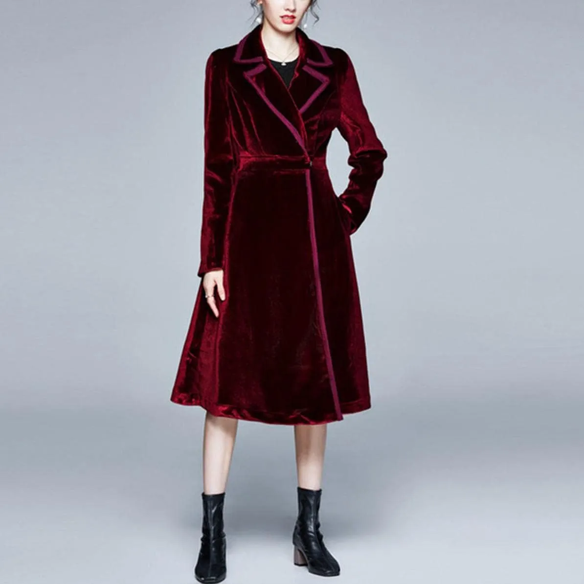 watersouprty Women's Slim Wool Blend Coat Lapel Long Sleeve Vintage Velvet Trench Coat Dress Pea Coat