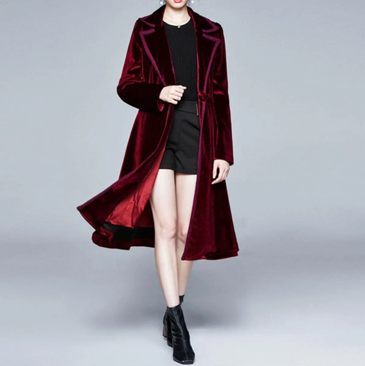 watersouprty Women's Slim Wool Blend Coat Lapel Long Sleeve Vintage Velvet Trench Coat Dress Pea Coat