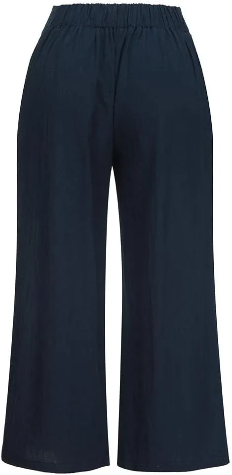 White Linen Pants Women Lounge Summer Baggy Waist Trousers with Pockets Solid Travel Palazzo Pants for Women