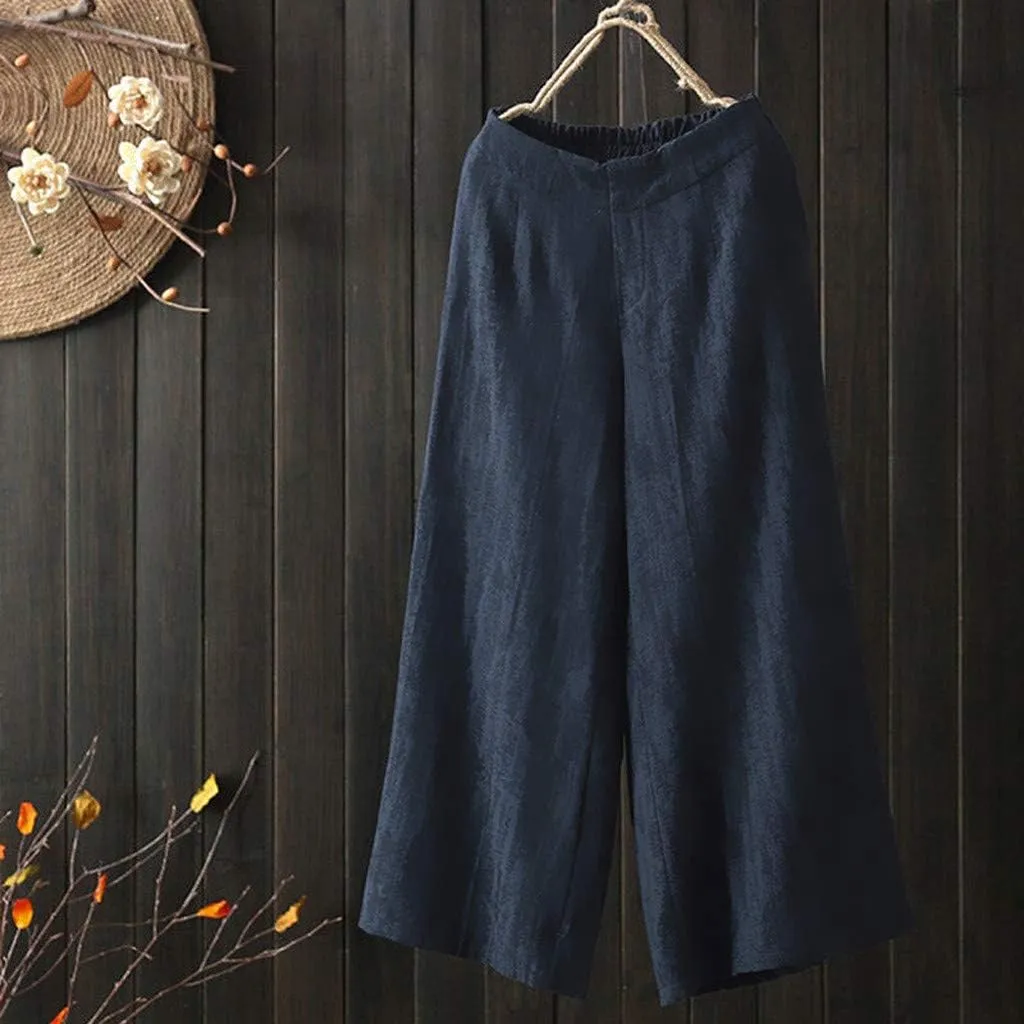 White Linen Pants Women Lounge Summer Baggy Waist Trousers with Pockets Solid Travel Palazzo Pants for Women