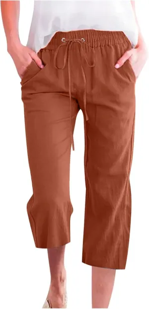 Wide Leg Capri Pants for Women Casual Summer Drawstring Elastic High Waist Cotton Linen Pant Cropped Trousers
