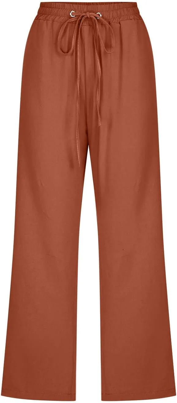 Wide Leg Capri Pants for Women Casual Summer Drawstring Elastic High Waist Cotton Linen Pant Cropped Trousers