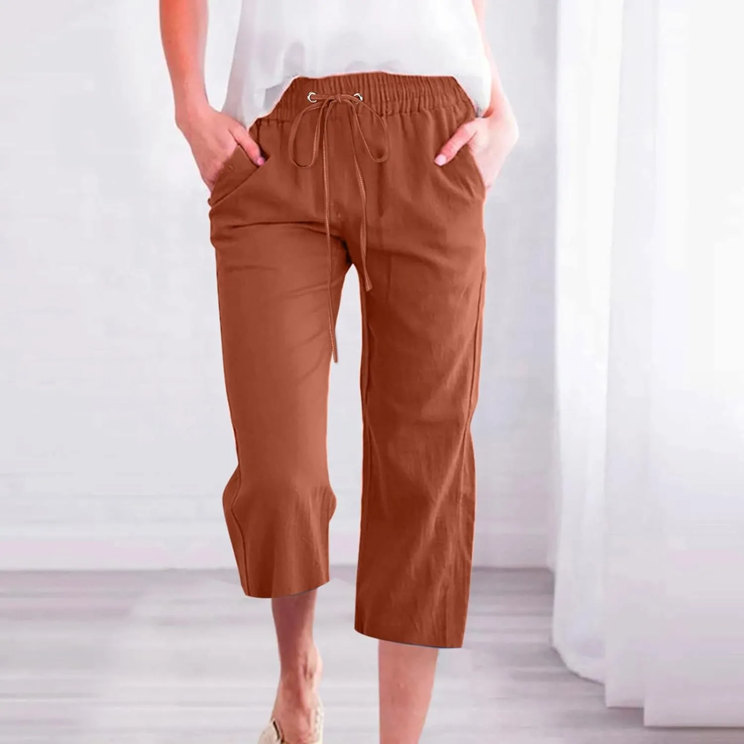 Wide Leg Capri Pants for Women Casual Summer Drawstring Elastic High Waist Cotton Linen Pant Cropped Trousers