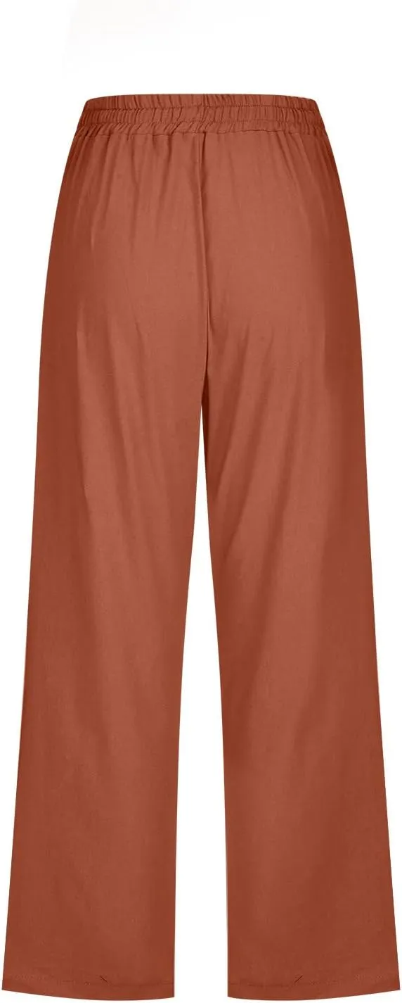 Wide Leg Capri Pants for Women Casual Summer Drawstring Elastic High Waist Cotton Linen Pant Cropped Trousers