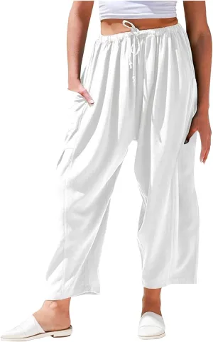Wide Leg Cropped Pants for Women Casual Drawstring Harem Pants Baggy Lounge Cotton Blend Linen Trousers with Pockets