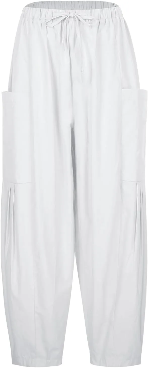 Wide Leg Cropped Pants for Women Casual Drawstring Harem Pants Baggy Lounge Cotton Blend Linen Trousers with Pockets
