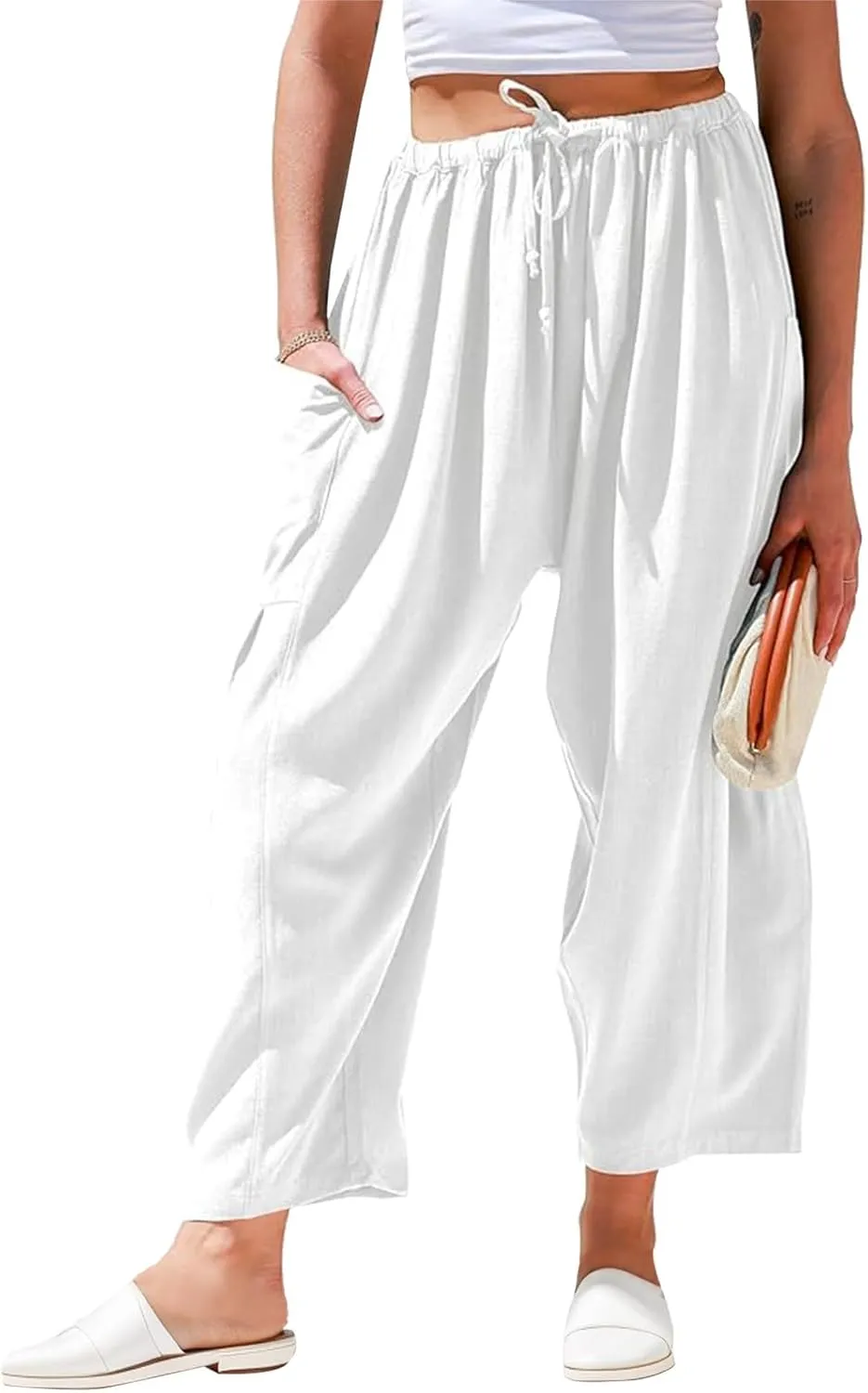 Wide Leg Cropped Pants for Women Casual Drawstring Harem Pants Baggy Lounge Cotton Blend Linen Trousers with Pockets