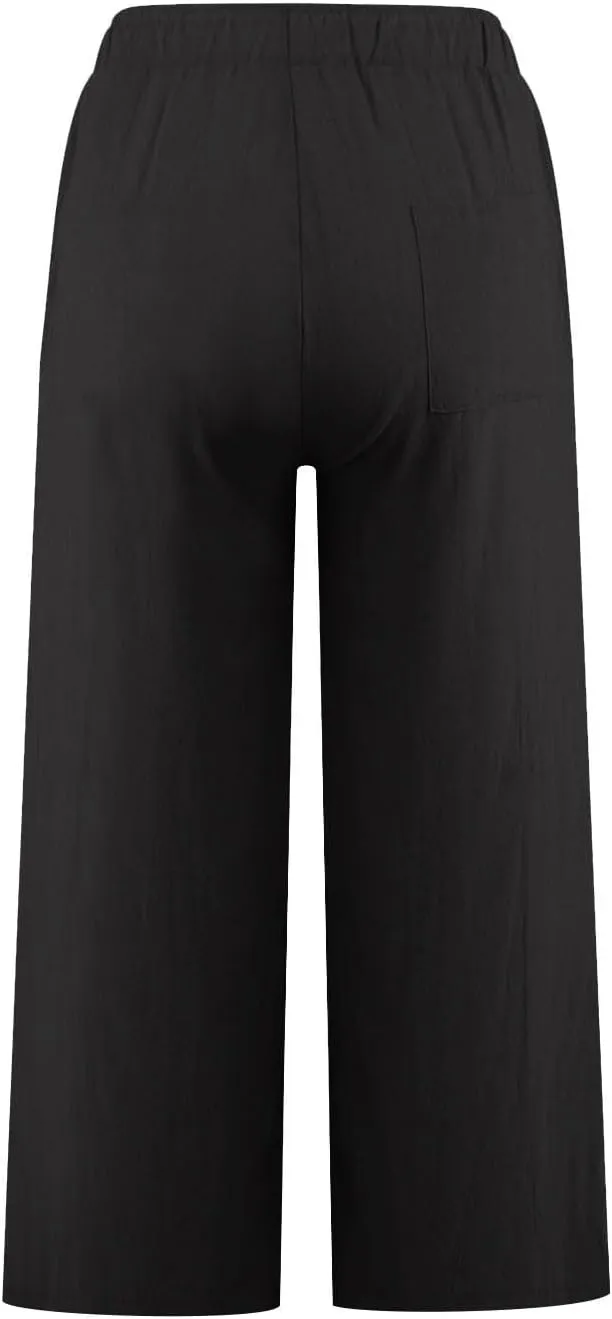 Wide Leg Cropped Pants for Women Summer Casual Linen Pants Drawstring Lightweight Comfy Beach Trousers with Pockets