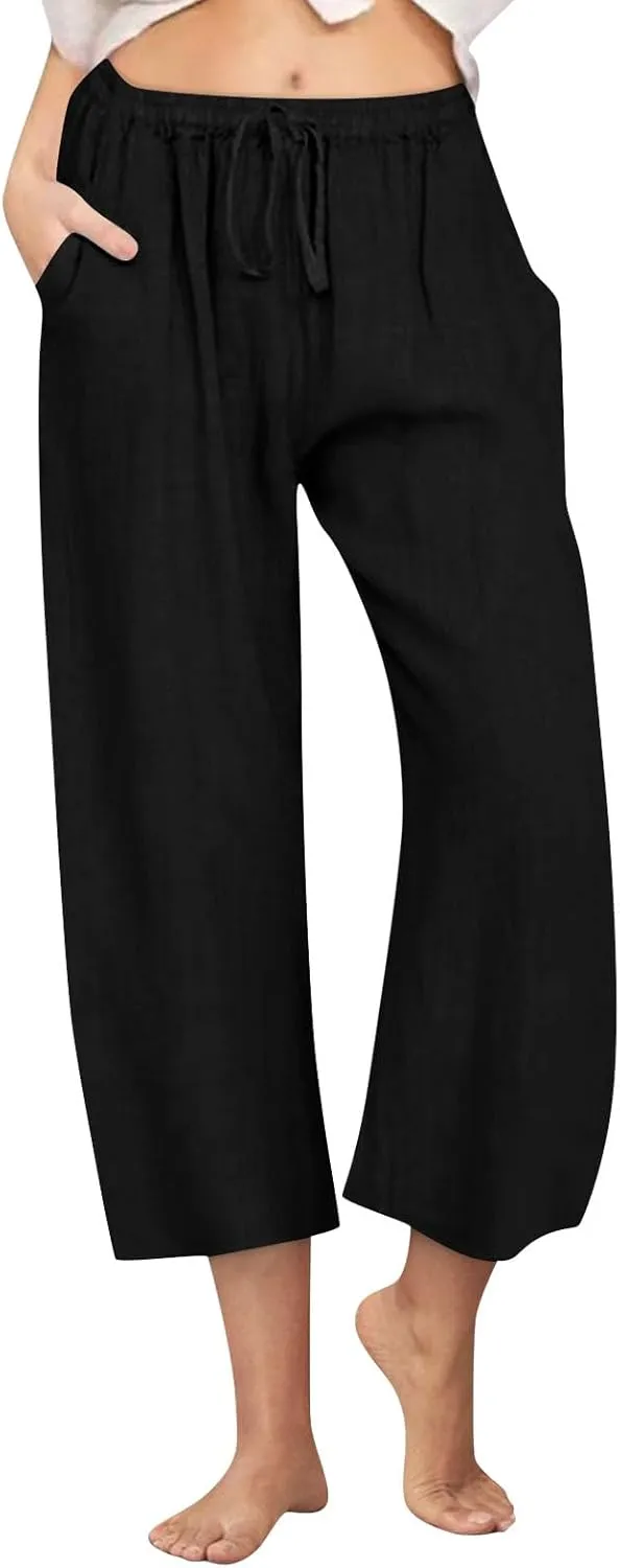 Wide Leg Cropped Pants for Women Summer Casual Linen Pants Drawstring Lightweight Comfy Beach Trousers with Pockets